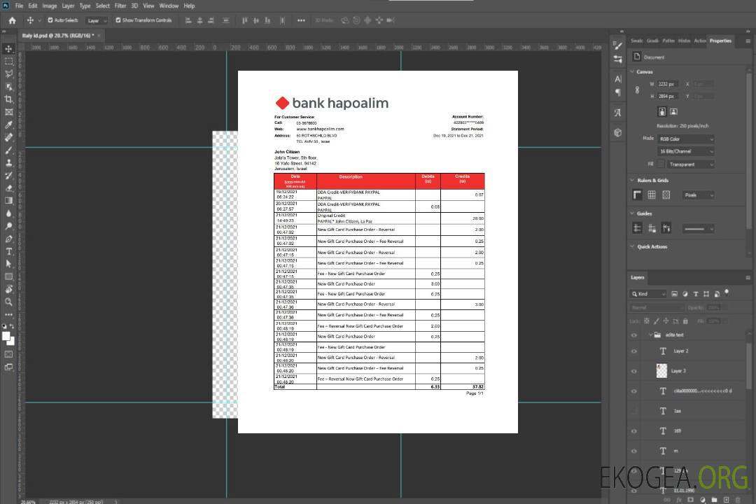 Relevé bancaire de la Banque israélienne Hapoalim, modèle facile à remplir au format de fichier .xls et .pdf template